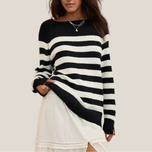 Aerie Bistro Roll Neck True Black Striped Relaxed Sweater